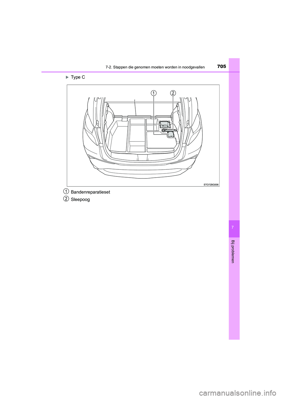 TOYOTA C_HR HYBRID 2021  Instructieboekje (in Dutch) 7057-2. Stappen die genomen moeten worden in noodgevallen
C-HR_HV_OM_Europe_OM10701E
7
Bij problemen
Type C
Bandenreparatieset
Sleepoog
C-HR_HV_OM_Europe_OM10701E.book  Page 705  Wednesday, June 10
