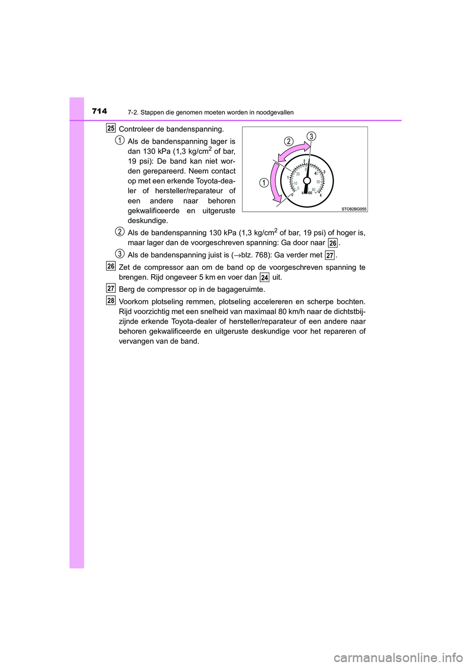TOYOTA C_HR HYBRID 2021 Instructieboekje (in Dutch) 7147-2. Stappen die genomen moeten worden in noodgevallen
C-HR_HV_OM_Europe_OM10701E
Controleer de bandenspanning.Als de bandenspanning lager is
dan 130 kPa (1,3 kg/cm
2 of bar,
19 psi): De band kan n TOYOTA C_HR HYBRID 2021 Instructieboekje (in Dutch) 7147-2. Stappen die genomen moeten worden in noodgevallen
C-HR_HV_OM_Europe_OM10701E
Controleer de bandenspanning.Als de bandenspanning lager is
dan 130 kPa (1,3 kg/cm
2 of bar,
19 psi): De band kan n