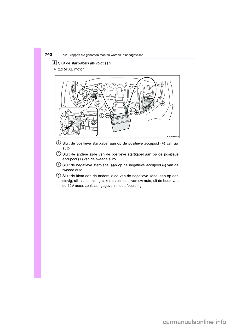 TOYOTA C_HR HYBRID 2021 Instructieboekje (in Dutch) 7427-2. Stappen die genomen moeten worden in noodgevallen
C-HR_HV_OM_Europe_OM10701E
Sluit de startkabels als volgt aan:
2ZR-FXE motorSluit de positieve startkabel aan op de positieve accupool (+) TOYOTA C_HR HYBRID 2021 Instructieboekje (in Dutch) 7427-2. Stappen die genomen moeten worden in noodgevallen
C-HR_HV_OM_Europe_OM10701E
Sluit de startkabels als volgt aan:
2ZR-FXE motorSluit de positieve startkabel aan op de positieve accupool (+)