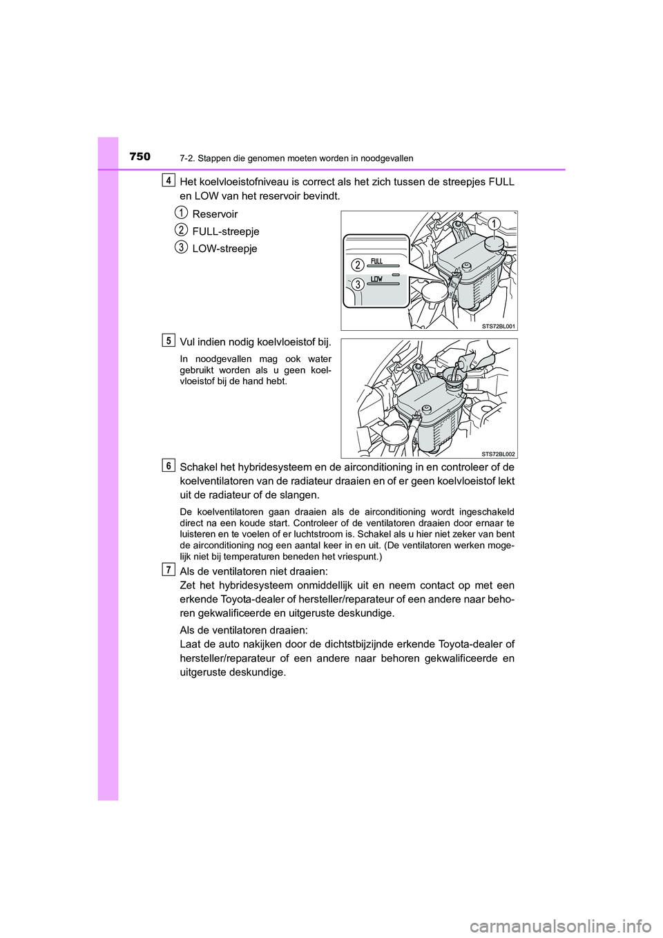 TOYOTA C_HR HYBRID 2021  Instructieboekje (in Dutch) 7507-2. Stappen die genomen moeten worden in noodgevallen
C-HR_HV_OM_Europe_OM10701E
Het koelvloeistofniveau is correct als het zich tussen de streepjes FULL
en LOW van het reservoir bevindt.Reservoir
