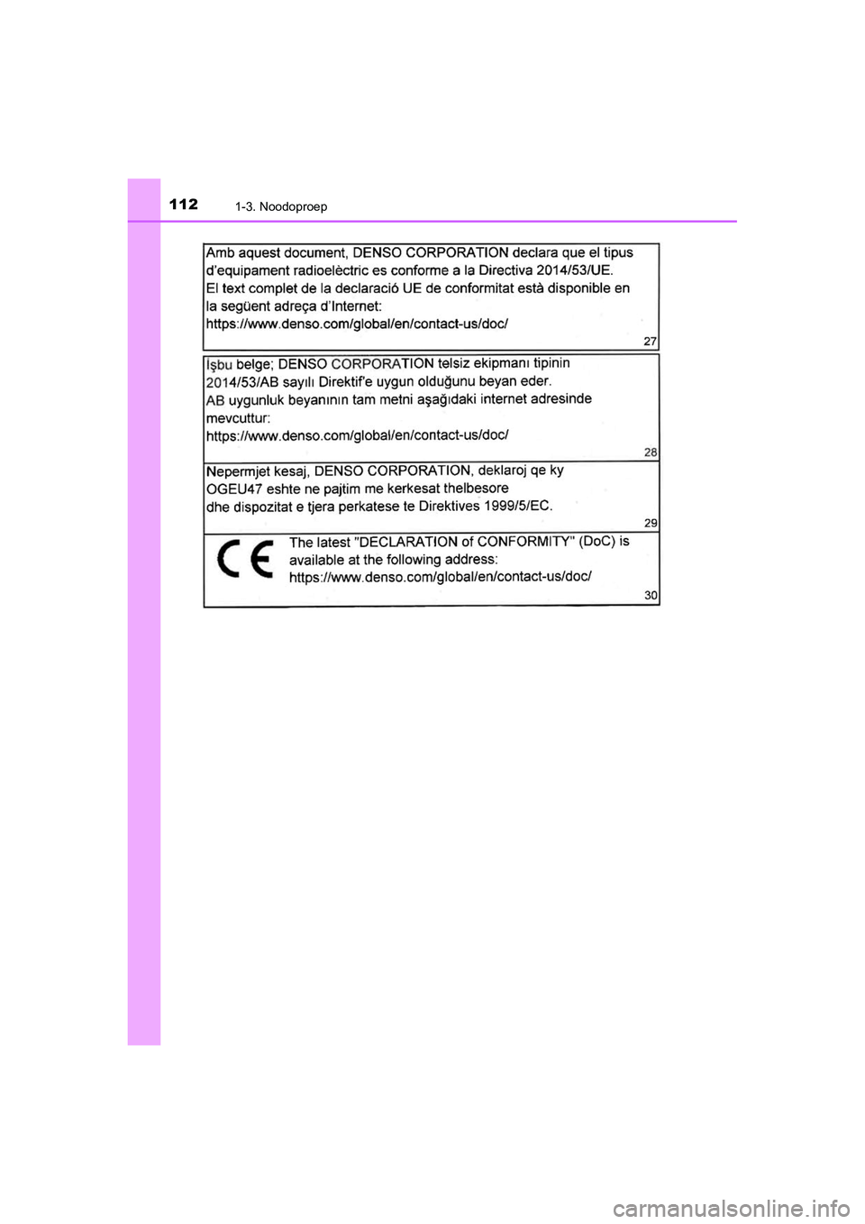 TOYOTA C_HR HYBRID 2020  Instructieboekje (in Dutch) 1121-3. Noodoproep
C-HR_HV_OM_Europe_OM10647E
C-HR_HV_OM_Europe_OM10647E.book  Page 112  Tuesday, July 30, 2019  9:59 AM 