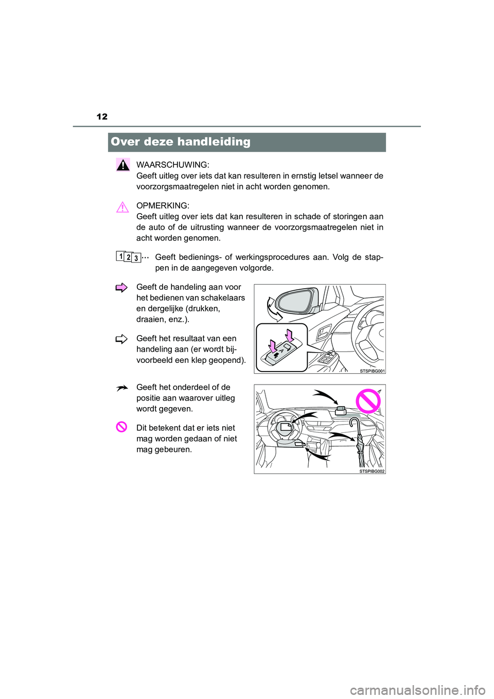 TOYOTA C_HR HYBRID 2020 Instructieboekje (in Dutch) 12
C-HR_HV_OM_Europe_OM10647E
Over deze handleiding
WAARSCHUWING:
Geeft uitleg over iets dat kan resulteren in ernstig letsel wanneer de
voorzorgsmaatregelen niet in acht worden genomen.
OPMERKING: TOYOTA C_HR HYBRID 2020 Instructieboekje (in Dutch) 12
C-HR_HV_OM_Europe_OM10647E
Over deze handleiding
WAARSCHUWING:
Geeft uitleg over iets dat kan resulteren in ernstig letsel wanneer de
voorzorgsmaatregelen niet in acht worden genomen.
OPMERKING: