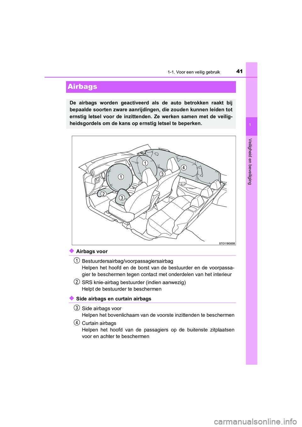 TOYOTA C_HR HYBRID 2020  Instructieboekje (in Dutch) 411-1. Voor een veilig gebruik
1
Veiligheid en beveiliging
C-HR_HV_OM_Europe_OM10647E
Airbags
◆Airbags voorBestuurdersairbag/voorpassagiersairbag
Helpen  het  hoofd  en  de  borst  van  de  bestuurd