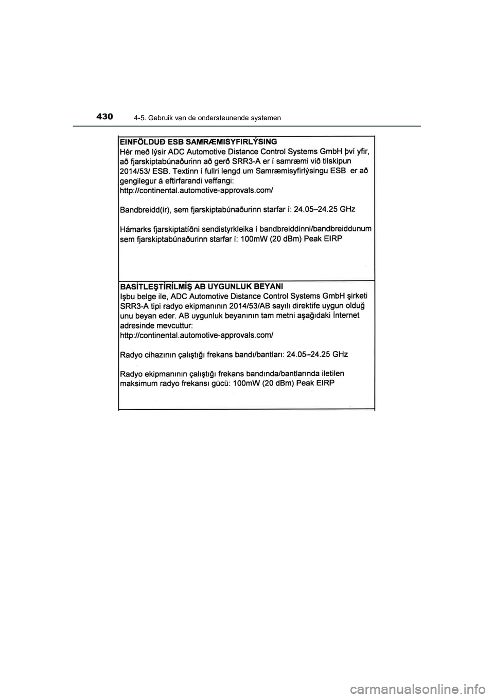 TOYOTA C_HR HYBRID 2020  Instructieboekje (in Dutch) 4304-5. Gebruik van de ondersteunende systemen
C-HR_HV_OM_Europe_OM10647E
C-HR_HV_OM_Europe_OM10647E.book  Page 430  Tuesday, July 30, 2019  9:59 AM 