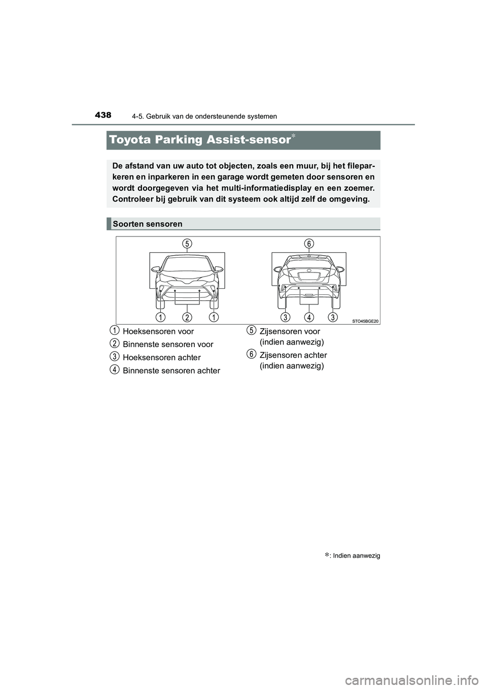 TOYOTA C_HR HYBRID 2020 Instructieboekje (in Dutch) 4384-5. Gebruik van de ondersteunende systemen
C-HR_HV_OM_Europe_OM10647E
Toyota Parking Assist-sensor∗
∗: Indien aanwezig
De afstand van uw auto tot objecten, zoals een muur, bij het filepar-
ker TOYOTA C_HR HYBRID 2020 Instructieboekje (in Dutch) 4384-5. Gebruik van de ondersteunende systemen
C-HR_HV_OM_Europe_OM10647E
Toyota Parking Assist-sensor∗
∗: Indien aanwezig
De afstand van uw auto tot objecten, zoals een muur, bij het filepar-
ker