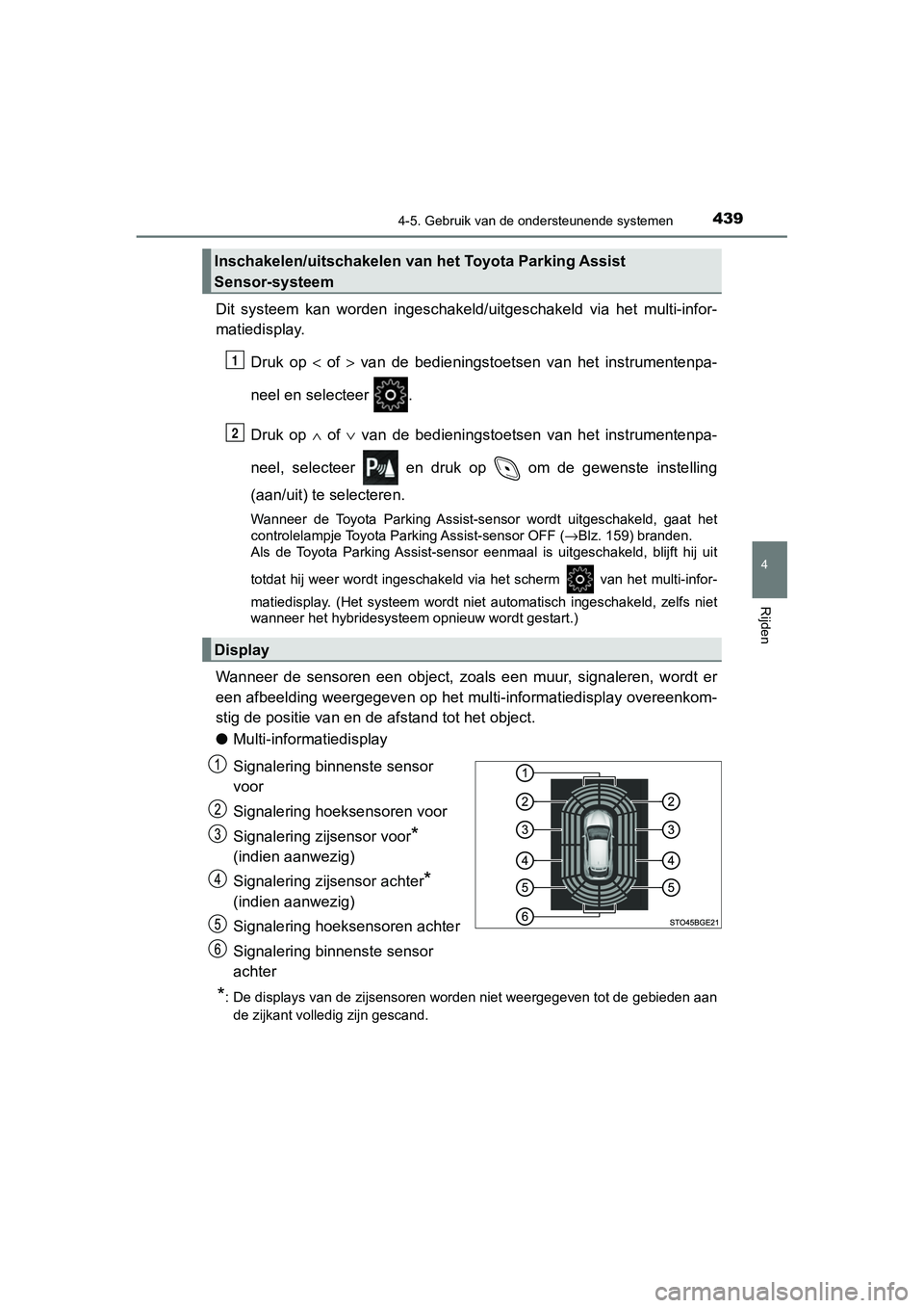 TOYOTA C_HR HYBRID 2020 Instructieboekje (in Dutch) 4394-5. Gebruik van de ondersteunende systemen
4
Rijden
C-HR_HV_OM_Europe_OM10647E
Dit systeem kan worden ingeschakeld/uitgeschakeld via het multi-infor-
matiedisplay.
Druk op < of > van d TOYOTA C_HR HYBRID 2020 Instructieboekje (in Dutch) 4394-5. Gebruik van de ondersteunende systemen
4
Rijden
C-HR_HV_OM_Europe_OM10647E
Dit systeem kan worden ingeschakeld/uitgeschakeld via het multi-infor-
matiedisplay.
Druk op < of > van d