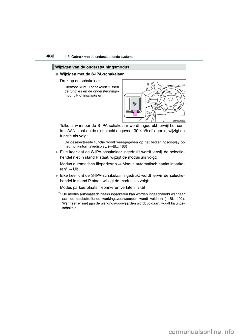 TOYOTA C_HR HYBRID 2020  Instructieboekje (in Dutch) 4824-5. Gebruik van de ondersteunende systemen
C-HR_HV_OM_Europe_OM10647E■
Wijzigen met de S-IPA-schakelaar
Druk op de schakelaar
Hiermee  kunt  u  schakelen  tussen
de functies en de ondersteunings