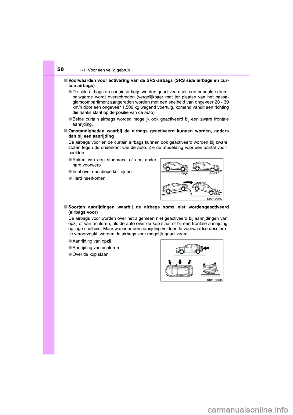 TOYOTA C_HR HYBRID 2020 Instructieboekje (in Dutch) 501-1. Voor een veilig gebruik
C-HR_HV_OM_Europe_OM10647E
■Voorwaarden voor activering van de SRS-airbags (SRS side airbag s en cur-
tain airbags)
● De side airbags en curtain airbags wo TOYOTA C_HR HYBRID 2020 Instructieboekje (in Dutch) 501-1. Voor een veilig gebruik
C-HR_HV_OM_Europe_OM10647E
■Voorwaarden voor activering van de SRS-airbags (SRS side airbag s en cur-
tain airbags)
● De side airbags en curtain airbags wo