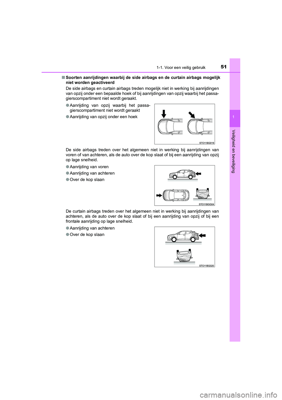 TOYOTA C_HR HYBRID 2020 Instructieboekje (in Dutch) 511-1. Voor een veilig gebruik
1
Veiligheid en beveiliging
C-HR_HV_OM_Europe_OM10647E■
Soorten aanrijdingen waarbij de side airbags en de curtain airb ags mogelijk
niet worden geactiveerd
De side ai TOYOTA C_HR HYBRID 2020 Instructieboekje (in Dutch) 511-1. Voor een veilig gebruik
1
Veiligheid en beveiliging
C-HR_HV_OM_Europe_OM10647E■
Soorten aanrijdingen waarbij de side airbags en de curtain airb ags mogelijk
niet worden geactiveerd
De side ai