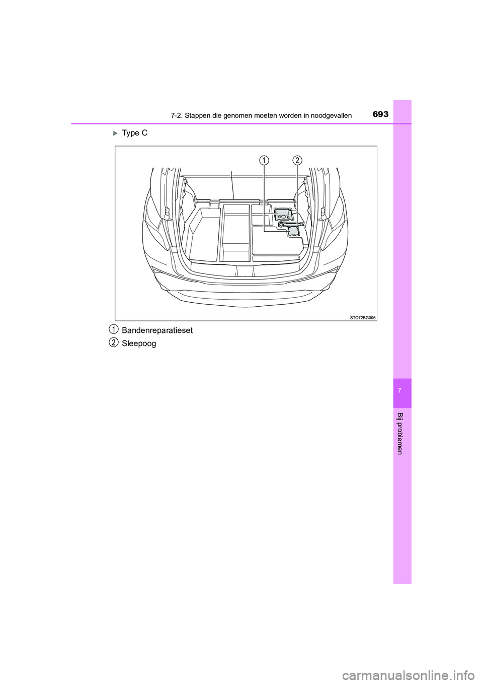 TOYOTA C_HR HYBRID 2020  Instructieboekje (in Dutch) 6937-2. Stappen die genomen moeten worden in noodgevallen
C-HR_HV_OM_Europe_OM10647E
7
Bij problemen
Ty p e  C
Bandenreparatieset
Sleepoog
C-HR_HV_OM_Europe_OM10647E.book  Page 693  Tuesday, July 3
