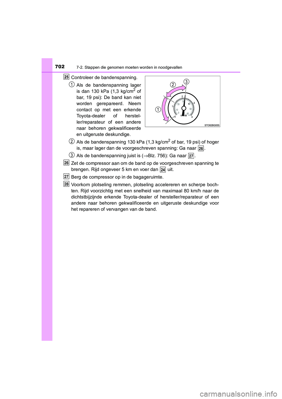 TOYOTA C_HR HYBRID 2020 Instructieboekje (in Dutch) 7027-2. Stappen die genomen moeten worden in noodgevallen
C-HR_HV_OM_Europe_OM10647E
Controleer de bandenspanning.Als de bandenspanning lager
is dan 130 kPa (1,3 kg/cm
2 of
bar, 19 psi): De TOYOTA C_HR HYBRID 2020 Instructieboekje (in Dutch) 7027-2. Stappen die genomen moeten worden in noodgevallen
C-HR_HV_OM_Europe_OM10647E
Controleer de bandenspanning.Als de bandenspanning lager
is dan 130 kPa (1,3 kg/cm
2 of
bar, 19 psi): De