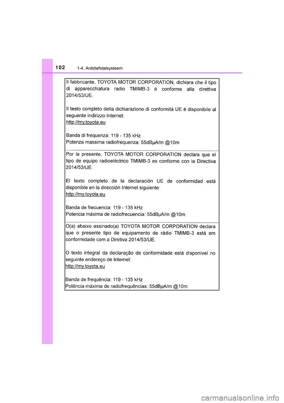TOYOTA C_HR HYBRID 2018  Instructieboekje (in Dutch) 1021-4. Antidiefstalsysteem
C-HR_HV_OM_Europe_OM10576E
C-HR_HV_OM_Europe_OM10576E.book  Page 102  Thursday, March 15, 2018  4:01 PM 