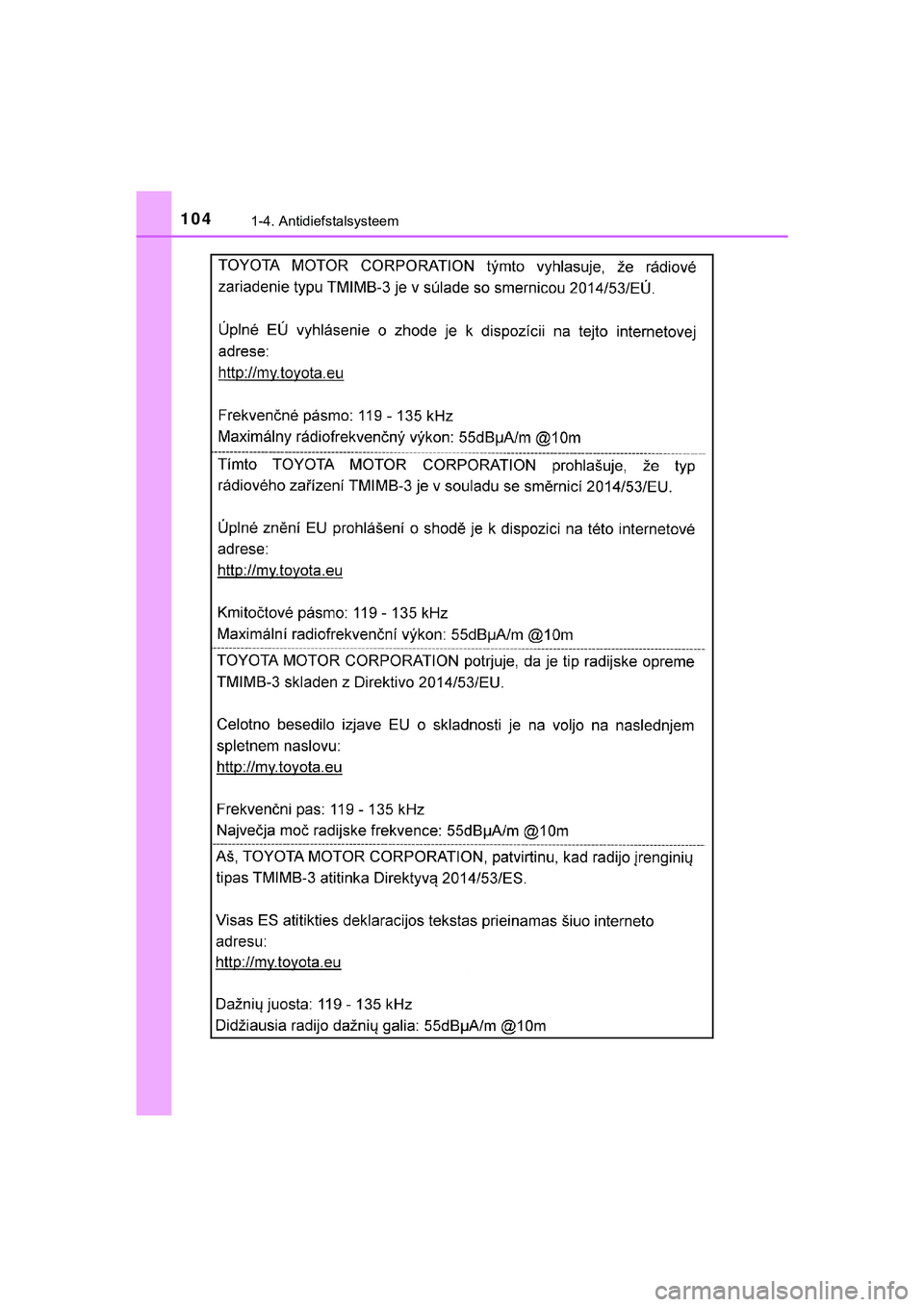 TOYOTA C_HR HYBRID 2018  Instructieboekje (in Dutch) 1041-4. Antidiefstalsysteem
C-HR_HV_OM_Europe_OM10576E
C-HR_HV_OM_Europe_OM10576E.book  Page 104  Thursday, March 15, 2018  4:01 PM 
