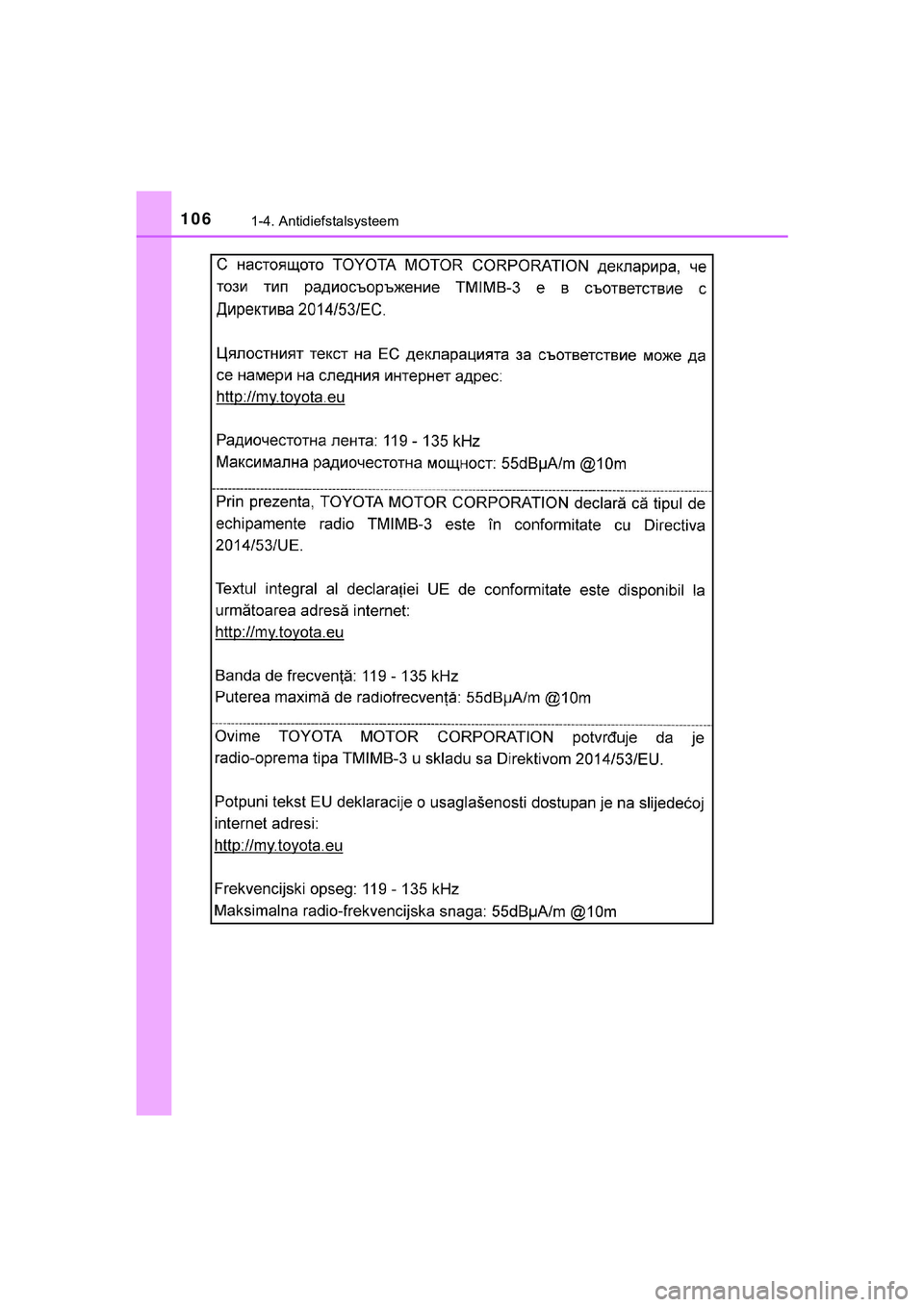 TOYOTA C_HR HYBRID 2018  Instructieboekje (in Dutch) 1061-4. Antidiefstalsysteem
C-HR_HV_OM_Europe_OM10576E
C-HR_HV_OM_Europe_OM10576E.book  Page 106  Thursday, March 15, 2018  4:01 PM 