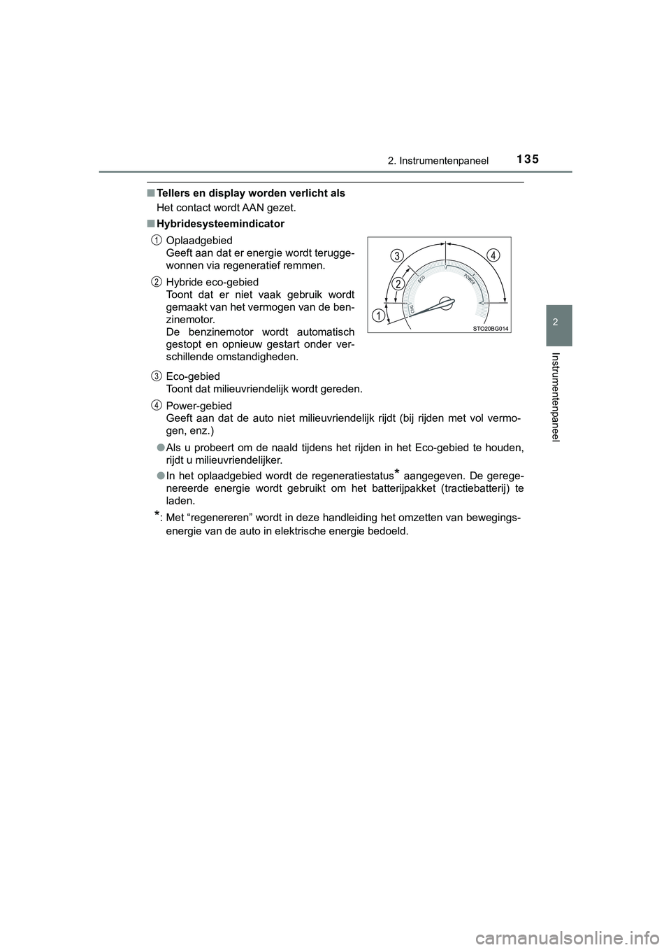TOYOTA C_HR HYBRID 2018 Instructieboekje (in Dutch) 1352. Instrumentenpaneel
2
Instrumentenpaneel
C-HR_HV_OM_Europe_OM10576E
■Tellers en display worden verlicht als
Het contact wordt AAN gezet.
■ Hybridesysteemindicator
Eco-gebied
Toont dat milieu TOYOTA C_HR HYBRID 2018 Instructieboekje (in Dutch) 1352. Instrumentenpaneel
2
Instrumentenpaneel
C-HR_HV_OM_Europe_OM10576E
■Tellers en display worden verlicht als
Het contact wordt AAN gezet.
■ Hybridesysteemindicator
Eco-gebied
Toont dat milieu