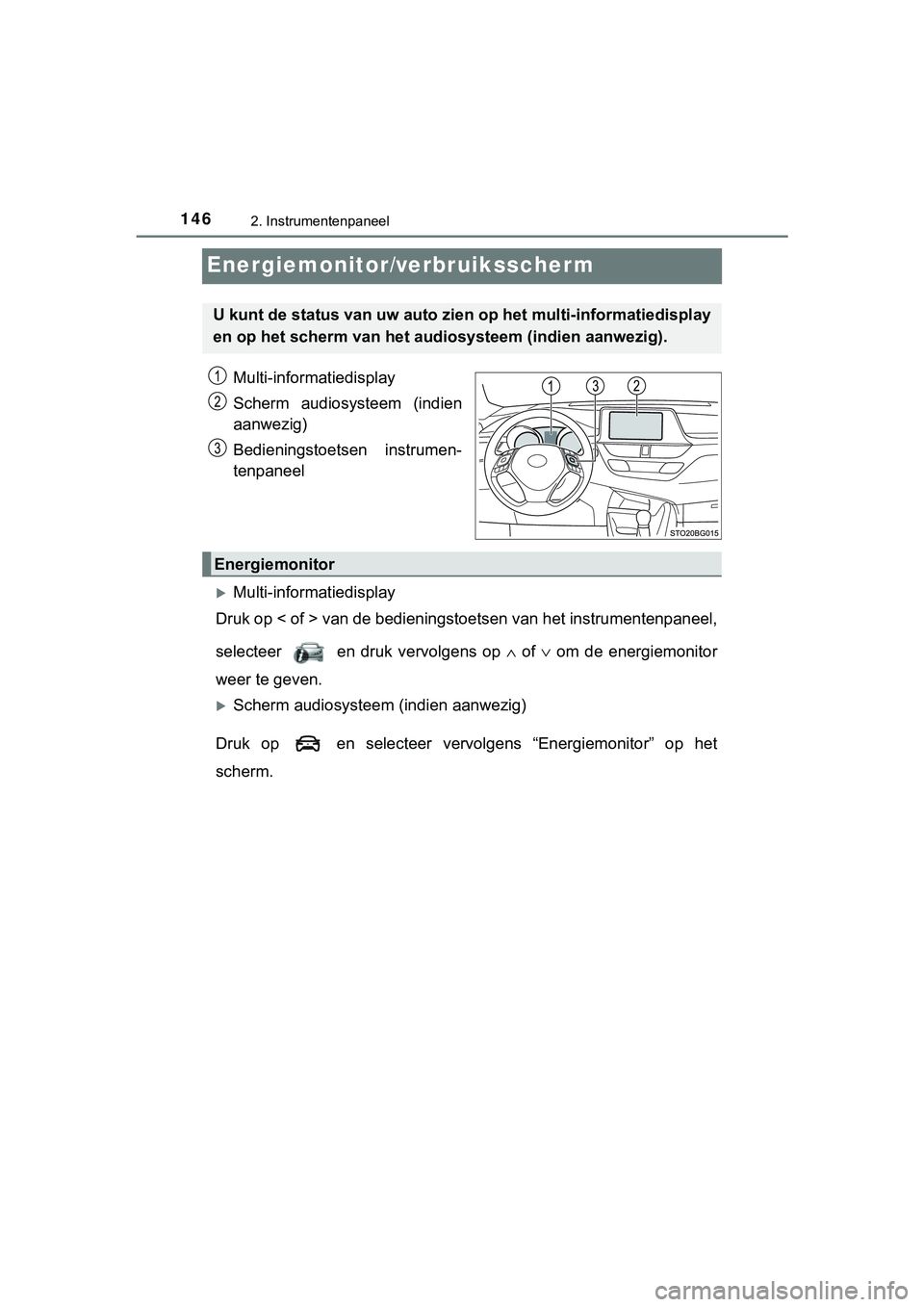 TOYOTA C_HR HYBRID 2018 Instructieboekje (in Dutch) 1462. Instrumentenpaneel
C-HR_HV_OM_Europe_OM10576E
Energiemonitor/verbruiksscherm
Multi-informatiedisplay
Scherm audiosysteem (indien
aanwezig)
Bedieningstoetsen instrumen-
tenpaneel
Multi-info TOYOTA C_HR HYBRID 2018 Instructieboekje (in Dutch) 1462. Instrumentenpaneel
C-HR_HV_OM_Europe_OM10576E
Energiemonitor/verbruiksscherm
Multi-informatiedisplay
Scherm audiosysteem (indien
aanwezig)
Bedieningstoetsen instrumen-
tenpaneel
Multi-info