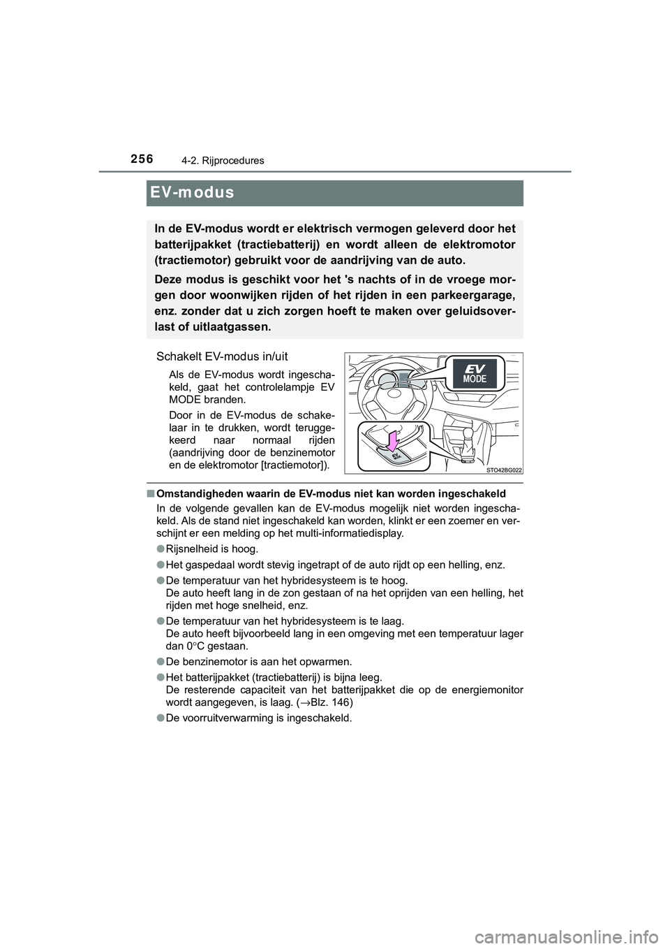 TOYOTA C_HR HYBRID 2018 Instructieboekje (in Dutch) 2564-2. Rijprocedures
C-HR_HV_OM_Europe_OM10576E
EV-modus
Schakelt EV-modus in/uit
Als de EV-modus wordt ingescha-
keld, gaat het controlelampje EV
MODE branden.
Door in de EV-modus de sc TOYOTA C_HR HYBRID 2018 Instructieboekje (in Dutch) 2564-2. Rijprocedures
C-HR_HV_OM_Europe_OM10576E
EV-modus
Schakelt EV-modus in/uit
Als de EV-modus wordt ingescha-
keld, gaat het controlelampje EV
MODE branden.
Door in de EV-modus de sc