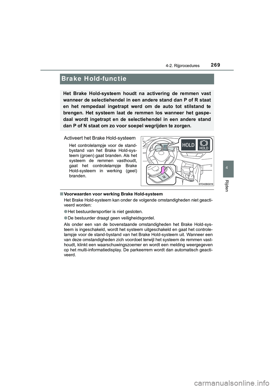 TOYOTA C_HR HYBRID 2018 Instructieboekje (in Dutch) 269
4
4-2. Rijprocedures
Rijden
C-HR_HV_OM_Europe_OM10576E
Brake Hold-functie
Activeert het Brake Hold-systeem
Het controlelampje voor de stand-
bystand van het Brake Hold-sys-
teem (groen) ga TOYOTA C_HR HYBRID 2018 Instructieboekje (in Dutch) 269
4
4-2. Rijprocedures
Rijden
C-HR_HV_OM_Europe_OM10576E
Brake Hold-functie
Activeert het Brake Hold-systeem
Het controlelampje voor de stand-
bystand van het Brake Hold-sys-
teem (groen) ga