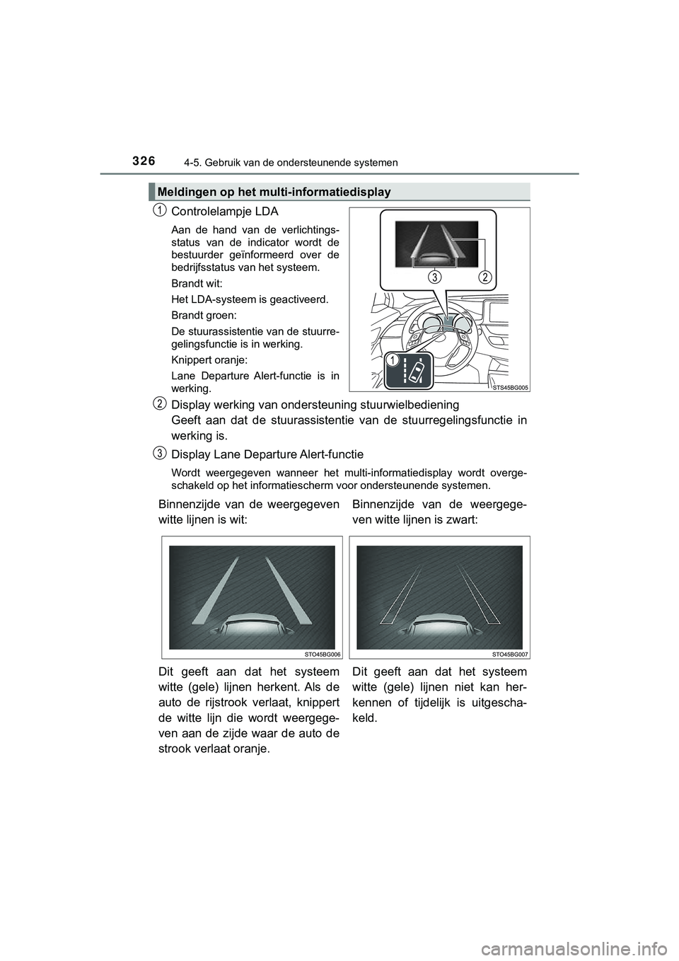 TOYOTA C_HR HYBRID 2018 Instructieboekje (in Dutch) 3264-5. Gebruik van de ondersteunende systemen
C-HR_HV_OM_Europe_OM10576E
Controlelampje LDA
Aan de hand van de verlichtings-
status van de indicator wordt de
bestuurder geïnformeerd over TOYOTA C_HR HYBRID 2018 Instructieboekje (in Dutch) 3264-5. Gebruik van de ondersteunende systemen
C-HR_HV_OM_Europe_OM10576E
Controlelampje LDA
Aan de hand van de verlichtings-
status van de indicator wordt de
bestuurder geïnformeerd over