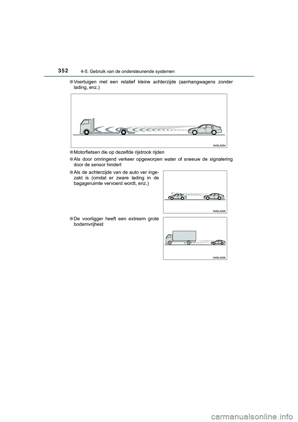 TOYOTA C_HR HYBRID 2018 Instructieboekje (in Dutch) 3524-5. Gebruik van de ondersteunende systemen
C-HR_HV_OM_Europe_OM10576E●
Voertuigen met een relatief kleine achterzijde (aanhangwagens z onder
lading, enz.)
● Motorfietsen die op dezelfde TOYOTA C_HR HYBRID 2018 Instructieboekje (in Dutch) 3524-5. Gebruik van de ondersteunende systemen
C-HR_HV_OM_Europe_OM10576E●
Voertuigen met een relatief kleine achterzijde (aanhangwagens z onder
lading, enz.)
● Motorfietsen die op dezelfde