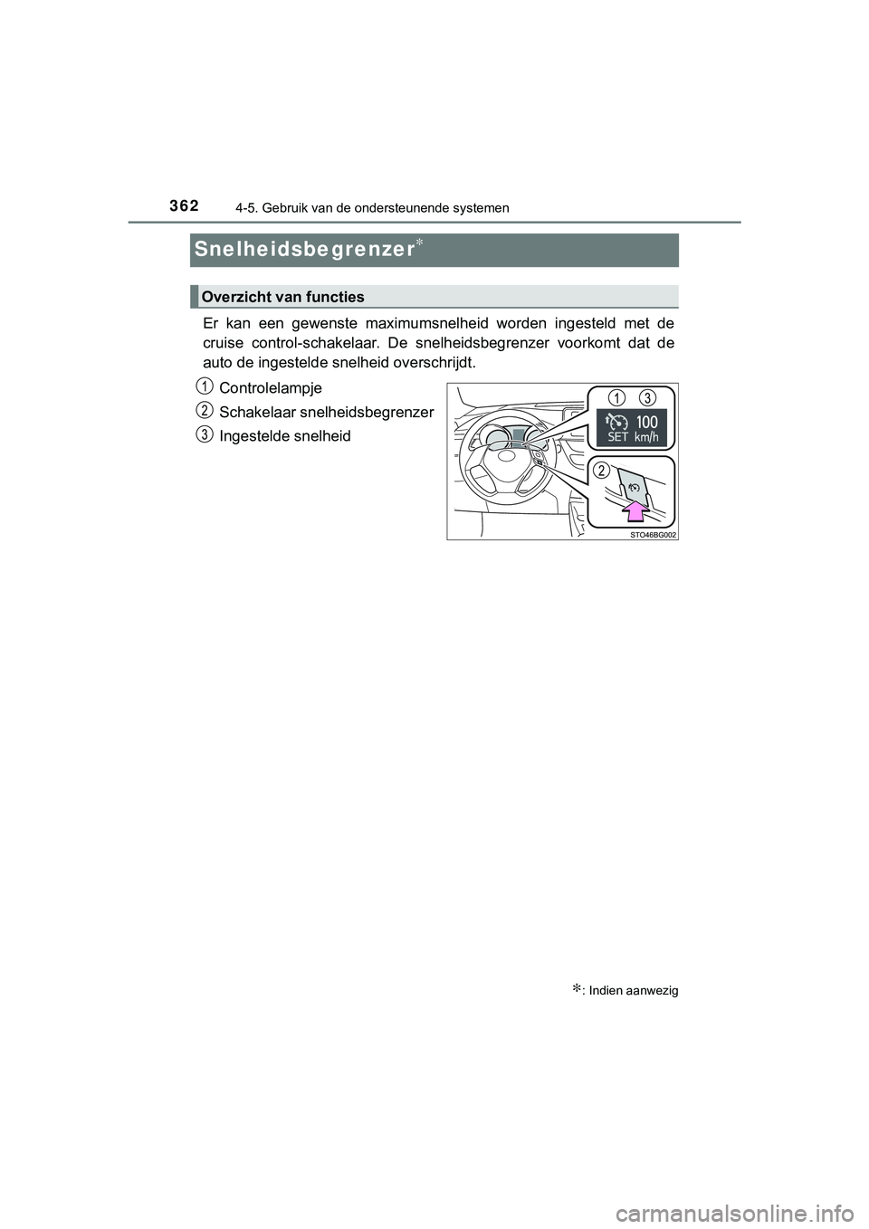 TOYOTA C_HR HYBRID 2018 Instructieboekje (in Dutch) 3624-5. Gebruik van de ondersteunende systemen
C-HR_HV_OM_Europe_OM10576E
Snelheidsbegrenzer∗
Er kan een gewenste maximumsnelheid worden ingesteld met de
cruise control-schakelaar. De sne TOYOTA C_HR HYBRID 2018 Instructieboekje (in Dutch) 3624-5. Gebruik van de ondersteunende systemen
C-HR_HV_OM_Europe_OM10576E
Snelheidsbegrenzer∗
Er kan een gewenste maximumsnelheid worden ingesteld met de
cruise control-schakelaar. De sne