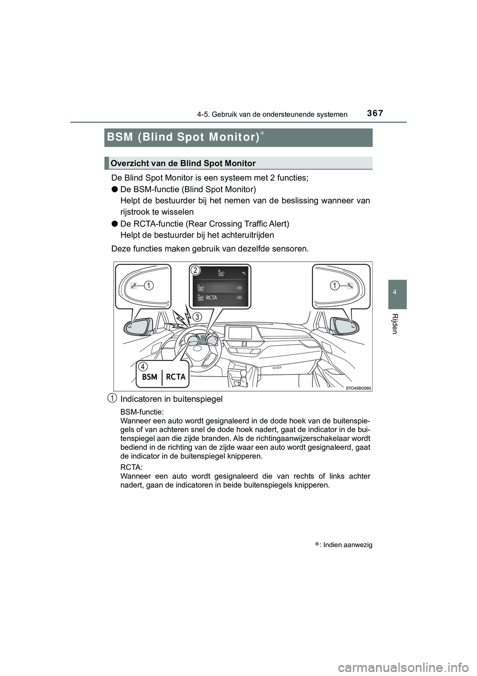 TOYOTA C_HR HYBRID 2018 Instructieboekje (in Dutch) 367
4
4-5. Gebruik van de ondersteunende systemen
Rijden
C-HR_HV_OM_Europe_OM10576E
BSM (Blind Spot Monitor)∗
De Blind Spot Monitor is een systeem met 2 functies;
● De BSM-functie (Bli nd Spot Mon TOYOTA C_HR HYBRID 2018 Instructieboekje (in Dutch) 367
4
4-5. Gebruik van de ondersteunende systemen
Rijden
C-HR_HV_OM_Europe_OM10576E
BSM (Blind Spot Monitor)∗
De Blind Spot Monitor is een systeem met 2 functies;
● De BSM-functie (Bli nd Spot Mon