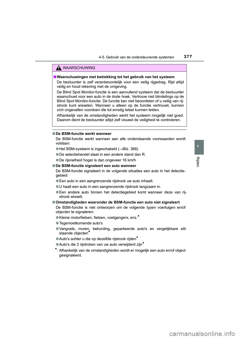TOYOTA C_HR HYBRID 2018 Instructieboekje (in Dutch) 3774-5. Gebruik van de ondersteunende systemen
4
Rijden
C-HR_HV_OM_Europe_OM10576E
■De BSM-functie werkt wanneer
De BSM-functie werkt wanneer aan alle onderstaande voorwaarden wordt
voldaan: TOYOTA C_HR HYBRID 2018 Instructieboekje (in Dutch) 3774-5. Gebruik van de ondersteunende systemen
4
Rijden
C-HR_HV_OM_Europe_OM10576E
■De BSM-functie werkt wanneer
De BSM-functie werkt wanneer aan alle onderstaande voorwaarden wordt
voldaan: