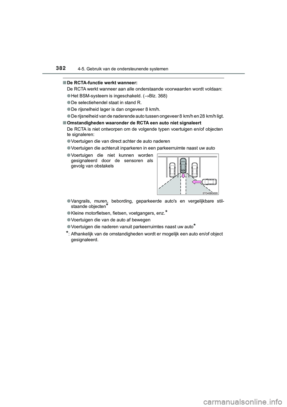 TOYOTA C_HR HYBRID 2018 Instructieboekje (in Dutch) 3824-5. Gebruik van de ondersteunende systemen
C-HR_HV_OM_Europe_OM10576E
■De RCTA-functie werkt wanneer:
De RCTA werkt wanneer aan alle onderstaande voorwaarden wordt voldaan:
●Het BSM-systeem is TOYOTA C_HR HYBRID 2018 Instructieboekje (in Dutch) 3824-5. Gebruik van de ondersteunende systemen
C-HR_HV_OM_Europe_OM10576E
■De RCTA-functie werkt wanneer:
De RCTA werkt wanneer aan alle onderstaande voorwaarden wordt voldaan:
●Het BSM-systeem is