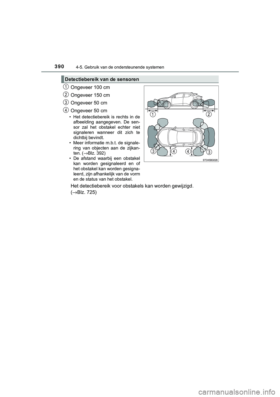 TOYOTA C_HR HYBRID 2018 Instructieboekje (in Dutch) 3904-5. Gebruik van de ondersteunende systemen
C-HR_HV_OM_Europe_OM10576E
Ongeveer 100 cm
Ongeveer 150 cm
Ongeveer 50 cm
Ongeveer 50 cm
• Het detectiebereik is rechts in deafbeelding aangegeve TOYOTA C_HR HYBRID 2018 Instructieboekje (in Dutch) 3904-5. Gebruik van de ondersteunende systemen
C-HR_HV_OM_Europe_OM10576E
Ongeveer 100 cm
Ongeveer 150 cm
Ongeveer 50 cm
Ongeveer 50 cm
• Het detectiebereik is rechts in deafbeelding aangegeve
