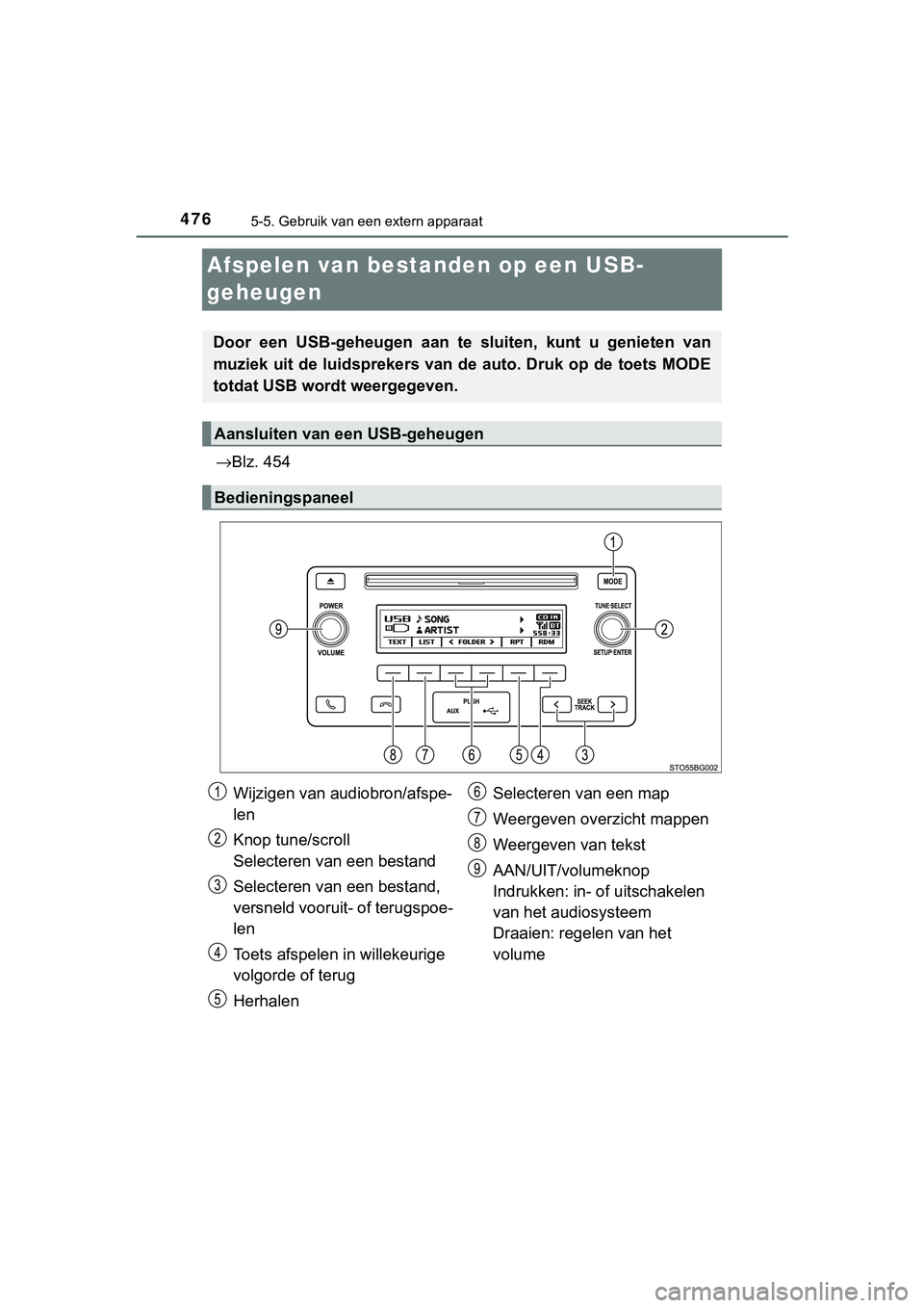 TOYOTA C_HR HYBRID 2018 Instructieboekje (in Dutch) 4765-5. Gebruik van een extern apparaat
C-HR_HV_OM_Europe_OM10576E
Afspelen van bestanden op een USB-
geheugen
→Blz. 454
Door een USB-geheugen aan te sluiten, kunt u genieten van
muziek uit TOYOTA C_HR HYBRID 2018 Instructieboekje (in Dutch) 4765-5. Gebruik van een extern apparaat
C-HR_HV_OM_Europe_OM10576E
Afspelen van bestanden op een USB-
geheugen
→Blz. 454
Door een USB-geheugen aan te sluiten, kunt u genieten van
muziek uit