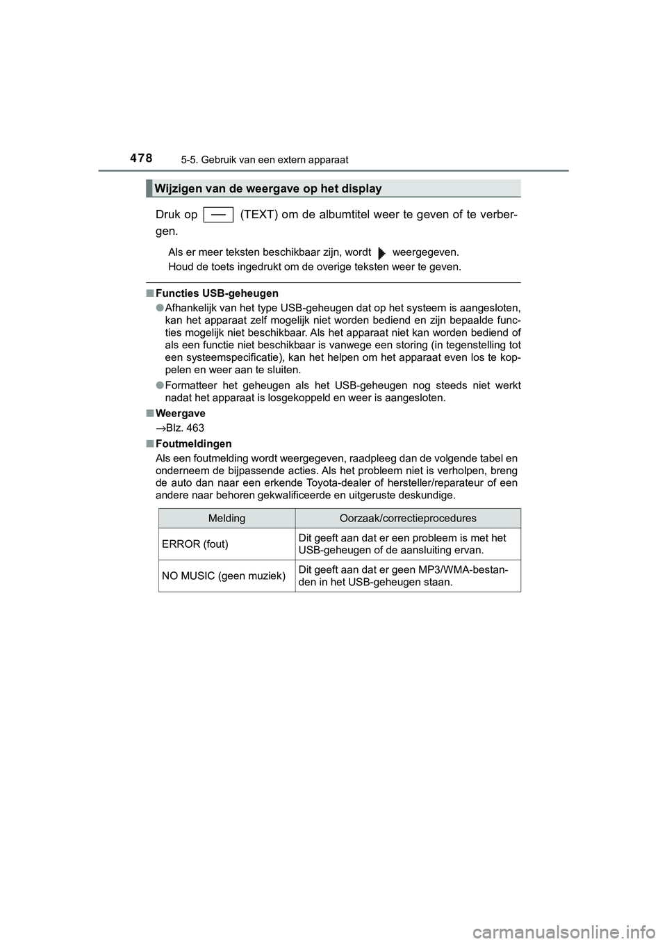 TOYOTA C_HR HYBRID 2018 Instructieboekje (in Dutch) 4785-5. Gebruik van een extern apparaat
C-HR_HV_OM_Europe_OM10576E
Druk op (TEXT) om de albumtitel weer te geven of te verber-
gen.
Als er meer teksten beschikbaar zijn, wordt weergegev TOYOTA C_HR HYBRID 2018 Instructieboekje (in Dutch) 4785-5. Gebruik van een extern apparaat
C-HR_HV_OM_Europe_OM10576E
Druk op (TEXT) om de albumtitel weer te geven of te verber-
gen.
Als er meer teksten beschikbaar zijn, wordt weergegev