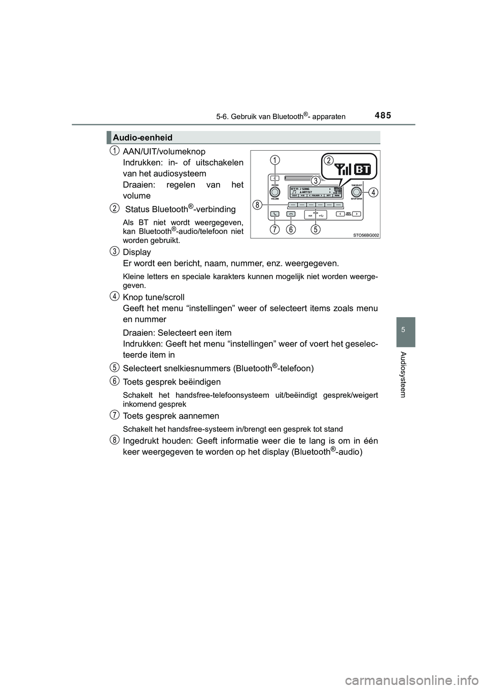 TOYOTA C_HR HYBRID 2018 Instructieboekje (in Dutch) 4855-6. Gebruik van Bluetooth®- apparaten
5
Audiosysteem
C-HR_HV_OM_Europe_OM10576E
AAN/UIT/volumeknop
Indrukken: in- of uitschakelen
van het audiosysteem
Draaien: regelen van het
volume
Statu TOYOTA C_HR HYBRID 2018 Instructieboekje (in Dutch) 4855-6. Gebruik van Bluetooth®- apparaten
5
Audiosysteem
C-HR_HV_OM_Europe_OM10576E
AAN/UIT/volumeknop
Indrukken: in- of uitschakelen
van het audiosysteem
Draaien: regelen van het
volume
Statu
