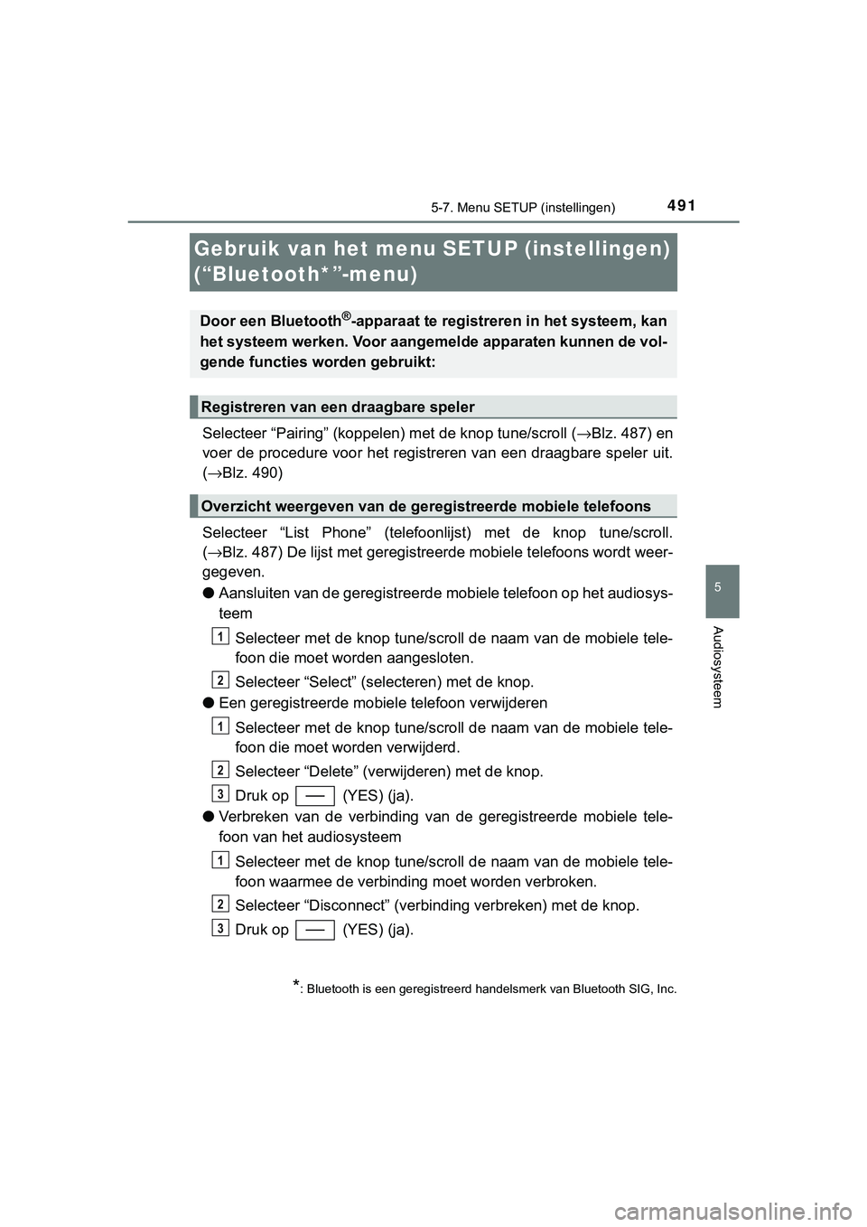 TOYOTA C_HR HYBRID 2018 Instructieboekje (in Dutch) 491
5
5-7. Menu SETUP (instellingen)
Audiosysteem
C-HR_HV_OM_Europe_OM10576E
Gebruik van het menu SETUP (instellingen)
(“Bluetooth*”-menu)
Selecteer “Pairing” (koppelen) met de knop tune/scro TOYOTA C_HR HYBRID 2018 Instructieboekje (in Dutch) 491
5
5-7. Menu SETUP (instellingen)
Audiosysteem
C-HR_HV_OM_Europe_OM10576E
Gebruik van het menu SETUP (instellingen)
(“Bluetooth*”-menu)
Selecteer “Pairing” (koppelen) met de knop tune/scro
