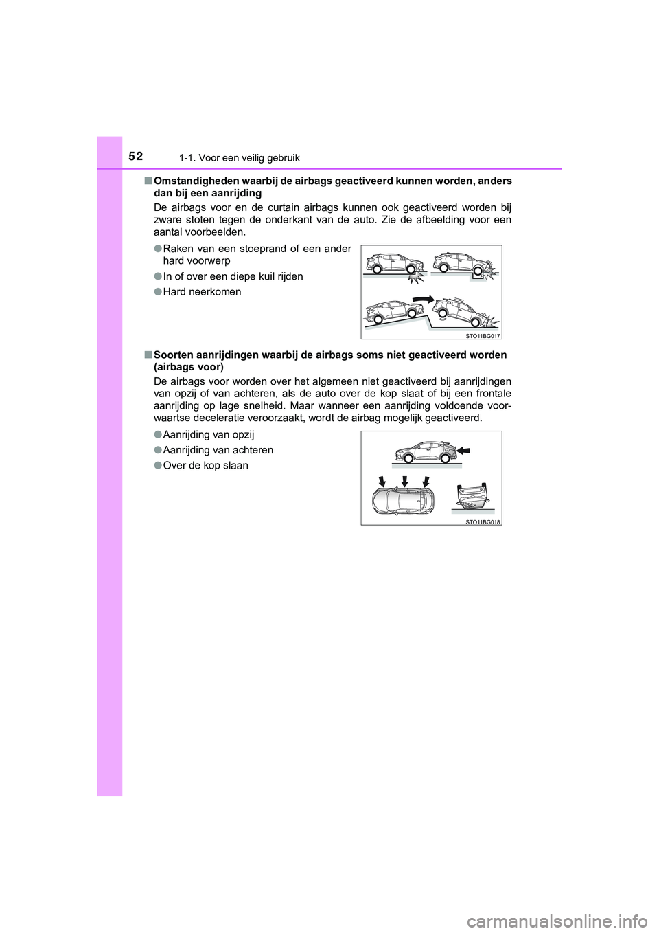 TOYOTA C_HR HYBRID 2018 Instructieboekje (in Dutch) 521-1. Voor een veilig gebruik
C-HR_HV_OM_Europe_OM10576E■
Omstandigheden waarbij de airbags geactiveerd kunnen worden, an ders
dan bij een aanrijding
De airbags voor en de curtain airbags k TOYOTA C_HR HYBRID 2018 Instructieboekje (in Dutch) 521-1. Voor een veilig gebruik
C-HR_HV_OM_Europe_OM10576E■
Omstandigheden waarbij de airbags geactiveerd kunnen worden, an ders
dan bij een aanrijding
De airbags voor en de curtain airbags k