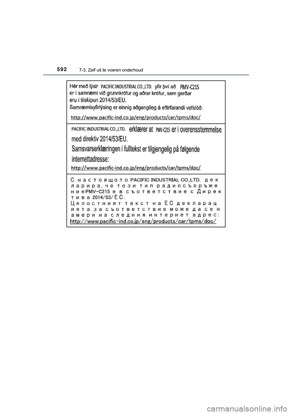 TOYOTA C_HR HYBRID 2018 Instructieboekje (in Dutch) 5927-3. Zelf uit te voeren onderhoud
C-HR_HV_OM_Europe_OM10576E
C-HR_HV_OM_Europe_OM10576E.book Page 592 Thursday, March 15, 2018 4:01 PM TOYOTA C_HR HYBRID 2018 Instructieboekje (in Dutch) 5927-3. Zelf uit te voeren onderhoud
C-HR_HV_OM_Europe_OM10576E
C-HR_HV_OM_Europe_OM10576E.book Page 592 Thursday, March 15, 2018 4:01 PM