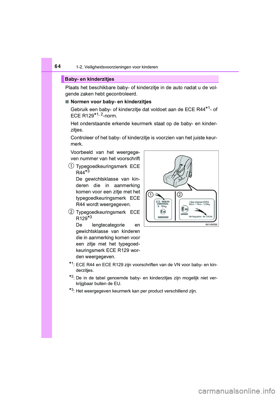 TOYOTA C_HR HYBRID 2018 Instructieboekje (in Dutch) 641-2. Veiligheidsvoorzieningen voor kinderen
C-HR_HV_OM_Europe_OM10576E
Plaats het beschikbare baby- of kinderzitje in de auto nadat u de vol-
gende zaken hebt gecontroleerd.
■Normen voor baby- en TOYOTA C_HR HYBRID 2018 Instructieboekje (in Dutch) 641-2. Veiligheidsvoorzieningen voor kinderen
C-HR_HV_OM_Europe_OM10576E
Plaats het beschikbare baby- of kinderzitje in de auto nadat u de vol-
gende zaken hebt gecontroleerd.
■Normen voor baby- en