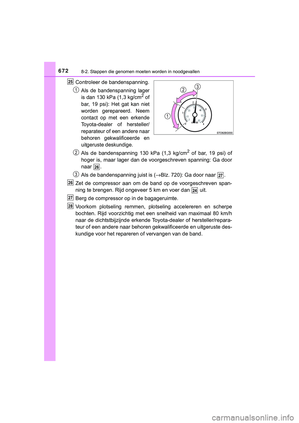 TOYOTA C_HR HYBRID 2018 Instructieboekje (in Dutch) 6728-2. Stappen die genomen moeten worden in noodgevallen
C-HR_HV_OM_Europe_OM10576E
Controleer de bandenspanning.
Als de bandenspanning lager
is dan 130 kPa (1,3 kg/cm2 of
bar, 19 psi): Het ga TOYOTA C_HR HYBRID 2018 Instructieboekje (in Dutch) 6728-2. Stappen die genomen moeten worden in noodgevallen
C-HR_HV_OM_Europe_OM10576E
Controleer de bandenspanning.
Als de bandenspanning lager
is dan 130 kPa (1,3 kg/cm2 of
bar, 19 psi): Het ga