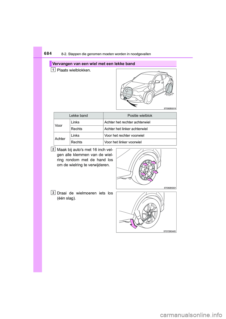 TOYOTA C_HR HYBRID 2018 Instructieboekje (in Dutch) 6848-2. Stappen die genomen moeten worden in noodgevallen
C-HR_HV_OM_Europe_OM10576E
Plaats wielblokken.
Maak bij auto's met 16 inch vel-
gen alle klemmen van de wiel-
ring rondom met de TOYOTA C_HR HYBRID 2018 Instructieboekje (in Dutch) 6848-2. Stappen die genomen moeten worden in noodgevallen
C-HR_HV_OM_Europe_OM10576E
Plaats wielblokken.
Maak bij auto's met 16 inch vel-
gen alle klemmen van de wiel-
ring rondom met de