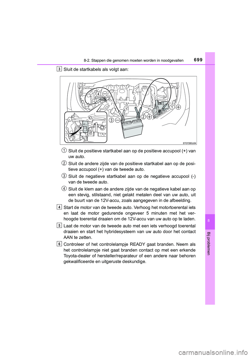TOYOTA C_HR HYBRID 2018 Instructieboekje (in Dutch) 6998-2. Stappen die genomen moeten worden in noodgevallen
C-HR_HV_OM_Europe_OM10576E
8
Bij problemen
Sluit de startkabels als volgt aan:
Sluit de positieve startkabel aan op de positieve accupool (+) TOYOTA C_HR HYBRID 2018 Instructieboekje (in Dutch) 6998-2. Stappen die genomen moeten worden in noodgevallen
C-HR_HV_OM_Europe_OM10576E
8
Bij problemen
Sluit de startkabels als volgt aan:
Sluit de positieve startkabel aan op de positieve accupool (+)