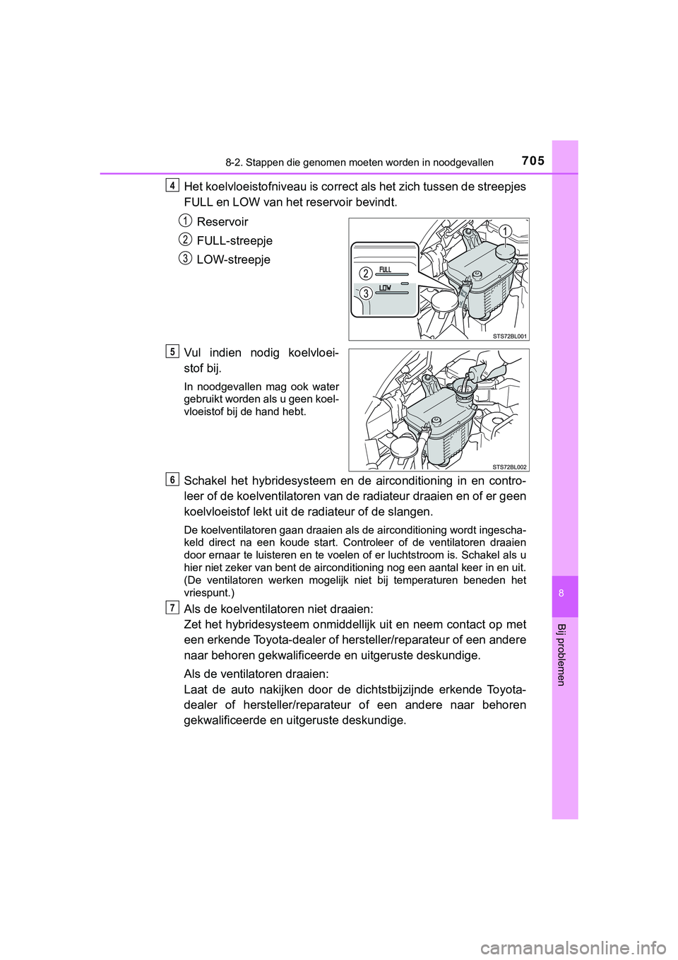 TOYOTA C_HR HYBRID 2018 Instructieboekje (in Dutch) 7058-2. Stappen die genomen moeten worden in noodgevallen
C-HR_HV_OM_Europe_OM10576E
8
Bij problemen
Het koelvloeistofniveau is corre ct als het zich tussen de streepjes
FULL en LOW van het reservoir TOYOTA C_HR HYBRID 2018 Instructieboekje (in Dutch) 7058-2. Stappen die genomen moeten worden in noodgevallen
C-HR_HV_OM_Europe_OM10576E
8
Bij problemen
Het koelvloeistofniveau is corre ct als het zich tussen de streepjes
FULL en LOW van het reservoir