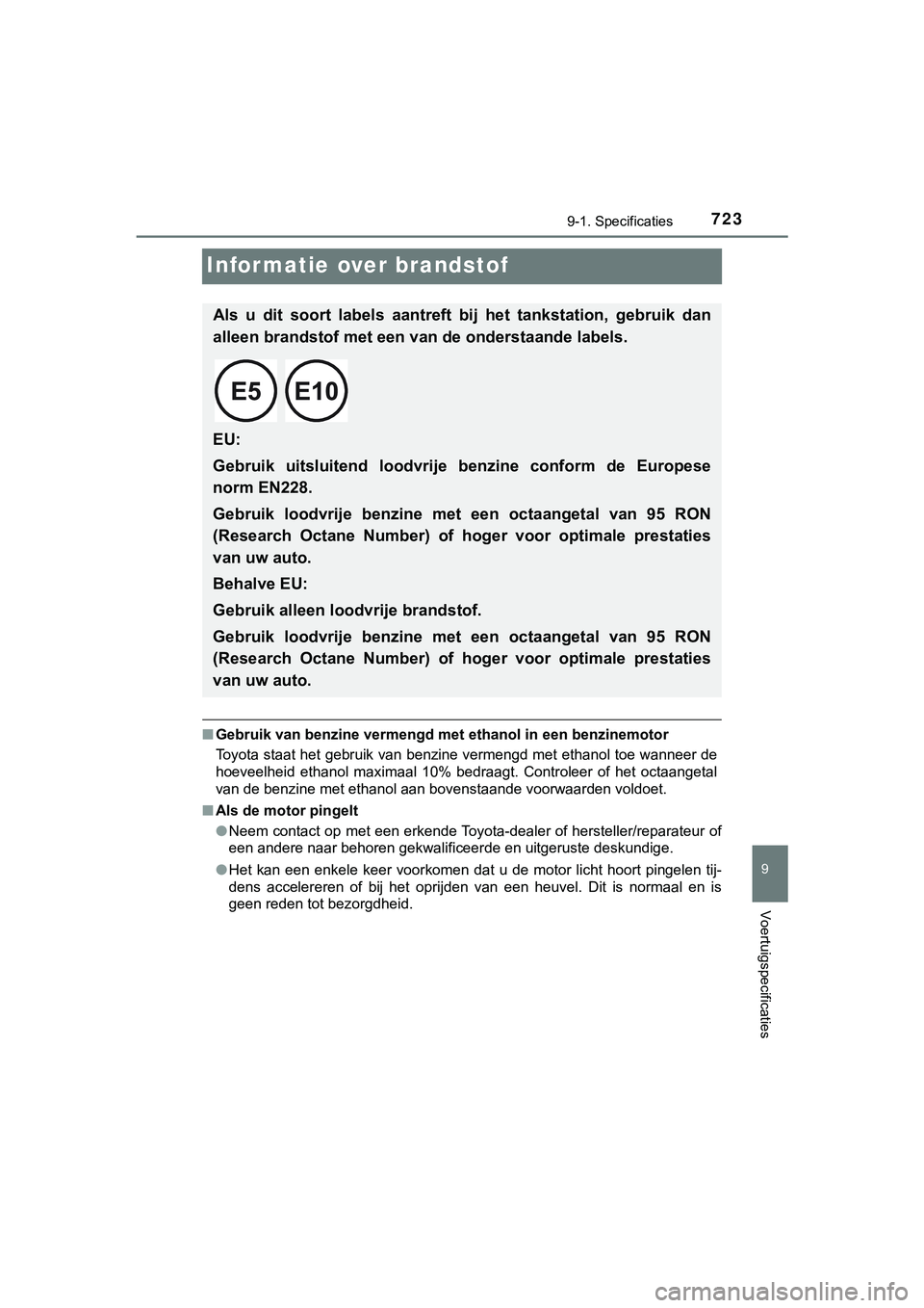 TOYOTA C_HR HYBRID 2018 Instructieboekje (in Dutch) 7239-1. Specificaties
9
Voertuigspecificaties
C-HR_HV_OM_Europe_OM10576E
Informatie over brandstof
■Gebruik van benzine vermengd met ethanol in een benzinemotor
Toyota staat het gebruik van benzine TOYOTA C_HR HYBRID 2018 Instructieboekje (in Dutch) 7239-1. Specificaties
9
Voertuigspecificaties
C-HR_HV_OM_Europe_OM10576E
Informatie over brandstof
■Gebruik van benzine vermengd met ethanol in een benzinemotor
Toyota staat het gebruik van benzine