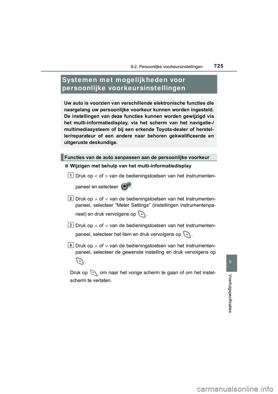 TOYOTA C_HR HYBRID 2018 Instructieboekje (in Dutch) 7259-2. Persoonlijke voorkeursinstellingen
C-HR_HV_OM_Europe_OM10576E
9
Voertuigspecificaties
Systemen met moge lijkheden voor
persoonlijke voorkeursinstellingen
■Wijzigen met behulp van het multi TOYOTA C_HR HYBRID 2018 Instructieboekje (in Dutch) 7259-2. Persoonlijke voorkeursinstellingen
C-HR_HV_OM_Europe_OM10576E
9
Voertuigspecificaties
Systemen met moge lijkheden voor
persoonlijke voorkeursinstellingen
■Wijzigen met behulp van het multi