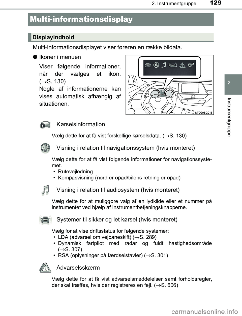 TOYOTA C_HR HYBRID 2017 Brugsanvisning (in Danish) 129
2
2. Instrumentgruppe
Instrumentgruppe
C-HR_HV_OM_Europe_OM10538DK
Multi-informationsdisplay
Multi-informationsdisplayet viser føreren en række bildata.
l Ikoner i menuen
Viser følgende informa TOYOTA C_HR HYBRID 2017 Brugsanvisning (in Danish) 129
2
2. Instrumentgruppe
Instrumentgruppe
C-HR_HV_OM_Europe_OM10538DK
Multi-informationsdisplay
Multi-informationsdisplayet viser føreren en række bildata.
l Ikoner i menuen
Viser følgende informa