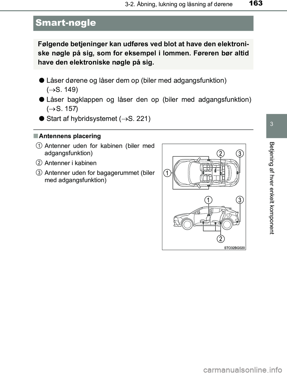 TOYOTA C_HR HYBRID 2017  Brugsanvisning (in Danish) 163
3
3-2. Åbning, lukning og låsning af dørene
Betjening af hver enkelt komponent
C-HR_HV_OM_Europe_OM10538DK
Smart-nøgle
lLåser dørene og låser dem op (biler med adgangsfunktion) 
( S. 149