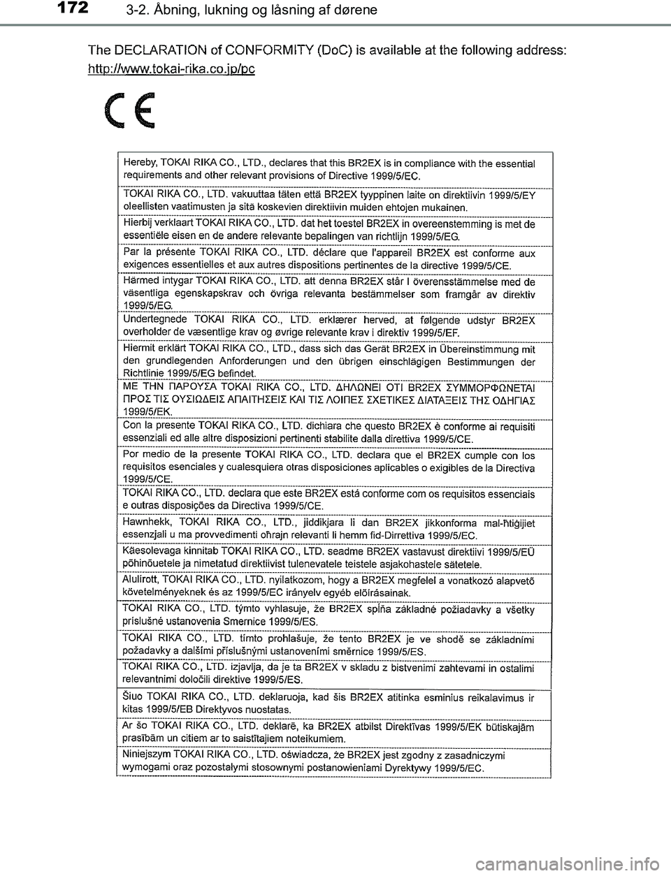 TOYOTA C_HR HYBRID 2017  Brugsanvisning (in Danish) 1723-2. Åbning, lukning og låsning af dørene
C-HR_HV_OM_Europe_OM10538DK
OM10538DK.book  Page 172  Thursday, December 22, 2016  11:23 AM 