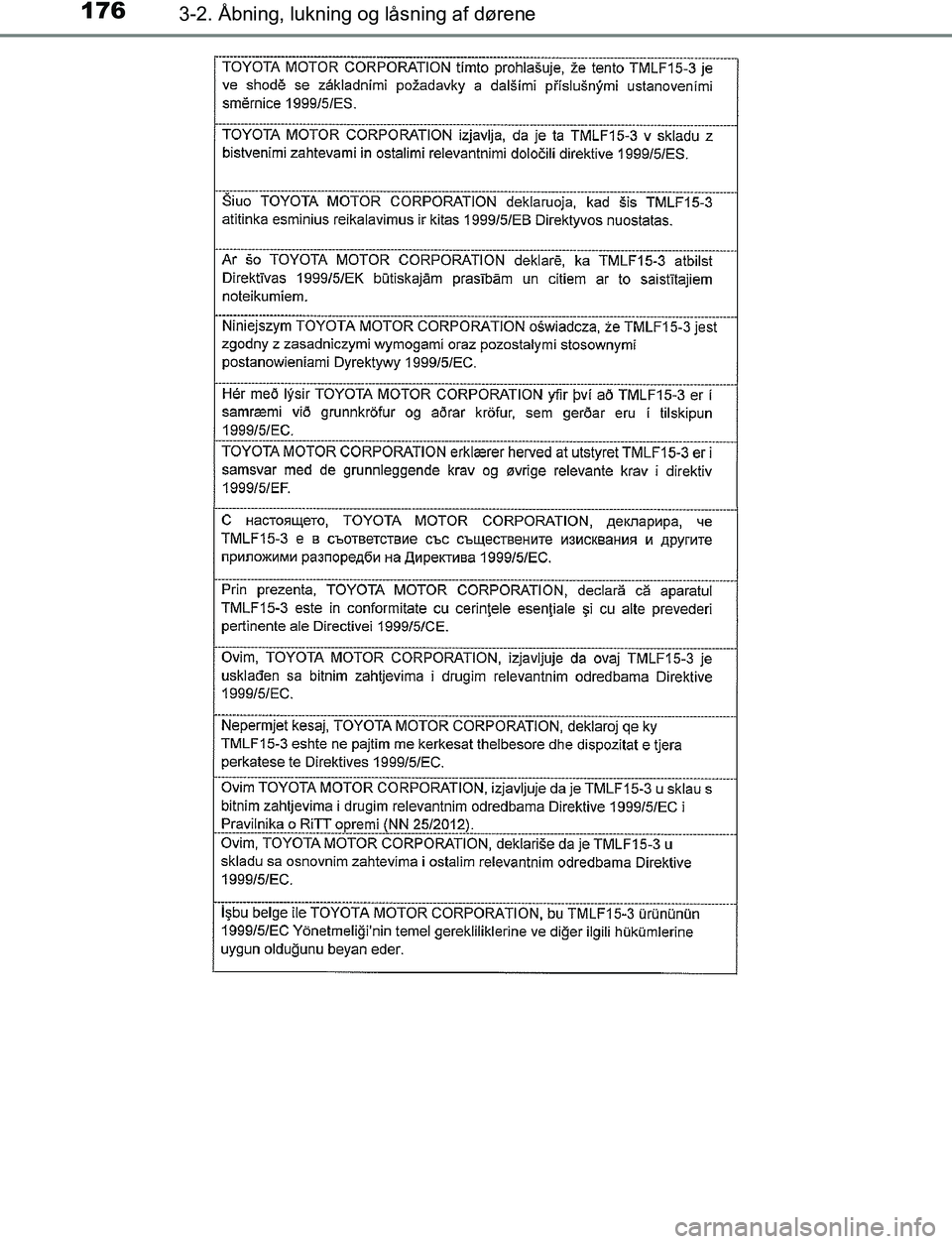 TOYOTA C_HR HYBRID 2017  Brugsanvisning (in Danish) 1763-2. Åbning, lukning og låsning af dørene
C-HR_HV_OM_Europe_OM10538DK
OM10538DK.book  Page 176  Thursday, December 22, 2016  11:23 AM 