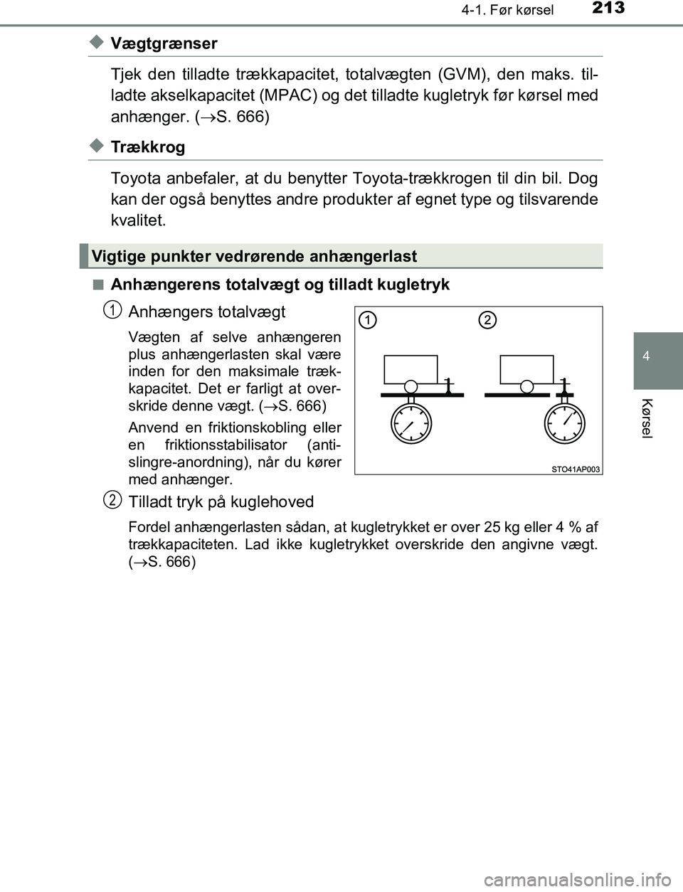 TOYOTA C_HR HYBRID 2017  Brugsanvisning (in Danish) 2134-1. Før kørsel
4
Kørsel
C-HR_HV_OM_Europe_OM10538DK
uVægtgrænser
Tjek den tilladte trækkapacitet, totalvægten (GVM), den maks. til-
ladte akselkapacitet (MPAC) og det tilladte kugletryk fø