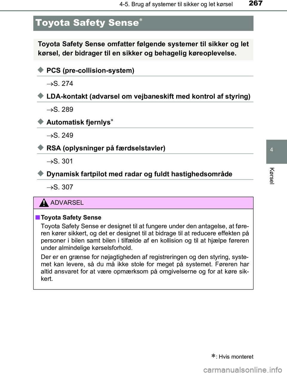 TOYOTA C_HR HYBRID 2017  Brugsanvisning (in Danish) 267
4
4-5. Brug af systemer til sikker og let kørsel
Kørsel
C-HR_HV_OM_Europe_OM10538DK
Toyota Safety Sense
uPCS (pre-collision-system)
S. 274
uLDA-kontakt (advarsel om vejbaneskift med kontro
