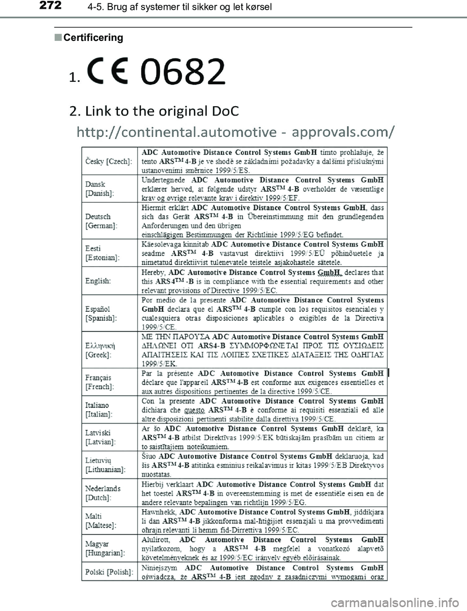 TOYOTA C_HR HYBRID 2017 Brugsanvisning (in Danish) 2724-5. Brug af systemer til sikker og let kørsel
C-HR_HV_OM_Europe_OM10538DK
nCertificering
OM10538DK.book Page 272 Thursd ay, December 22, 2016 11:23 AM TOYOTA C_HR HYBRID 2017 Brugsanvisning (in Danish) 2724-5. Brug af systemer til sikker og let kørsel
C-HR_HV_OM_Europe_OM10538DK
nCertificering
OM10538DK.book Page 272 Thursd ay, December 22, 2016 11:23 AM