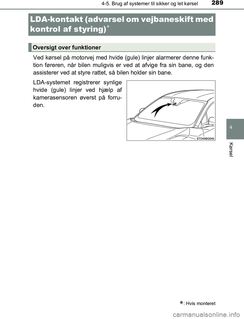 TOYOTA C_HR HYBRID 2017 Brugsanvisning (in Danish) 289
4
4-5. Brug af systemer til sikker og let kørsel
Kørsel
C-HR_HV_OM_Europe_OM10538DK
LDA-kontakt (advarsel om vejbaneskift med
kontrol af styring)
Ved kørsel på motorvej med hvide (gule) TOYOTA C_HR HYBRID 2017 Brugsanvisning (in Danish) 289
4
4-5. Brug af systemer til sikker og let kørsel
Kørsel
C-HR_HV_OM_Europe_OM10538DK
LDA-kontakt (advarsel om vejbaneskift med
kontrol af styring)
Ved kørsel på motorvej med hvide (gule)